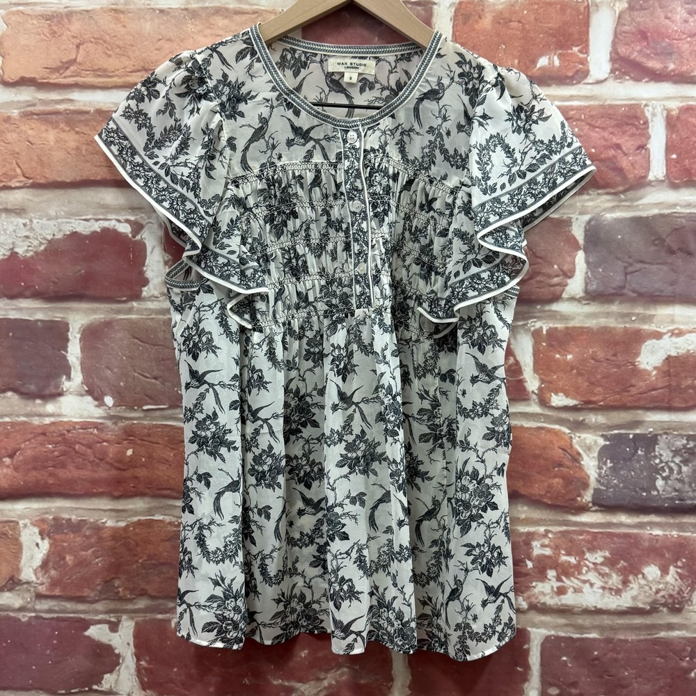 Max Studio London Top Women's S White Black Cottage Chic Floral Bird Sheer Shirt